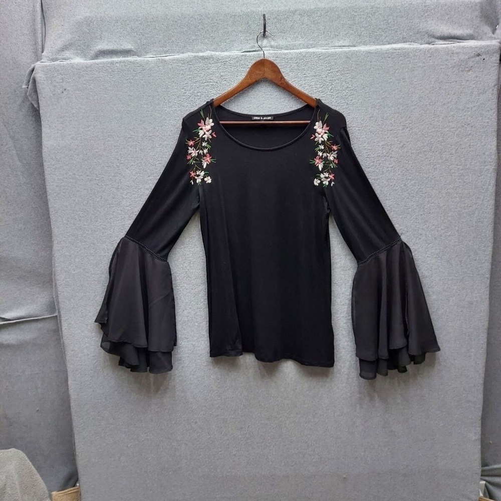 Cable & Gauge Long Sleeve Top top with floral embroidery and bell sheer sleeves